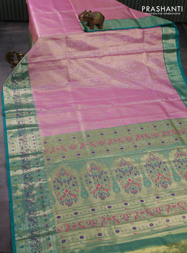 Tissue paithani silk saree light pink and teal green with allover silver zari woven brocade weaves and zari woven paithani style border