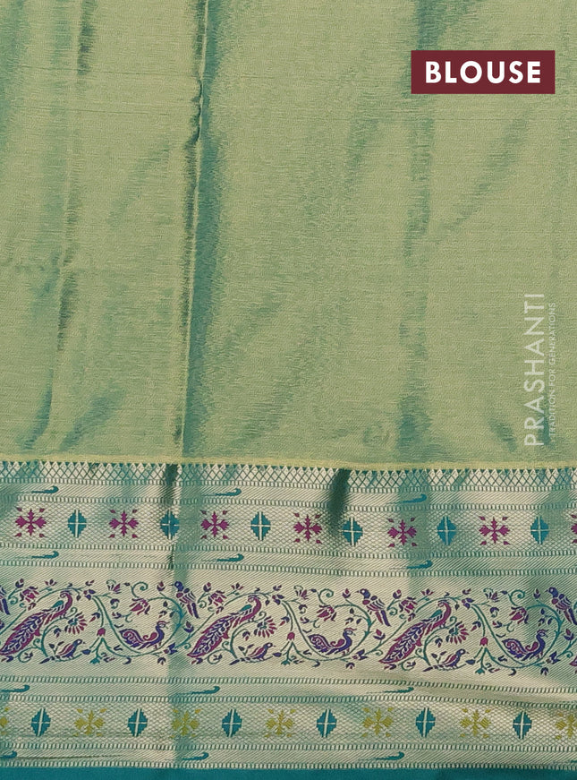 Tissue paithani silk saree light pink and teal green with allover silver zari woven brocade weaves and zari woven paithani style border
