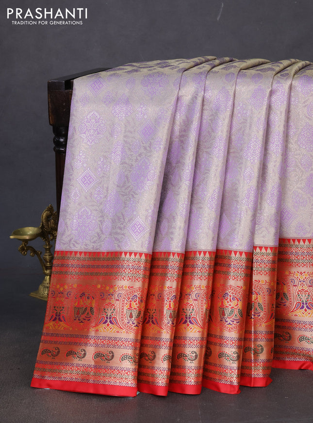 Tissue paithani silk saree lavender shade and red with allover zari woven brocade weaves and long zari woven paithani style border