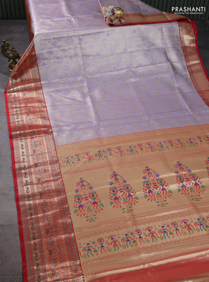 Tissue paithani silk saree lavender shade and red with allover zari woven brocade weaves and long zari woven paithani style border