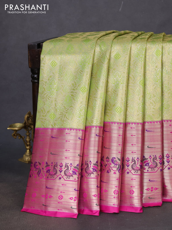 Tissue paithani silk saree light green and magenta pink with allover zari woven brocade weaves and long zari woven paithani style border