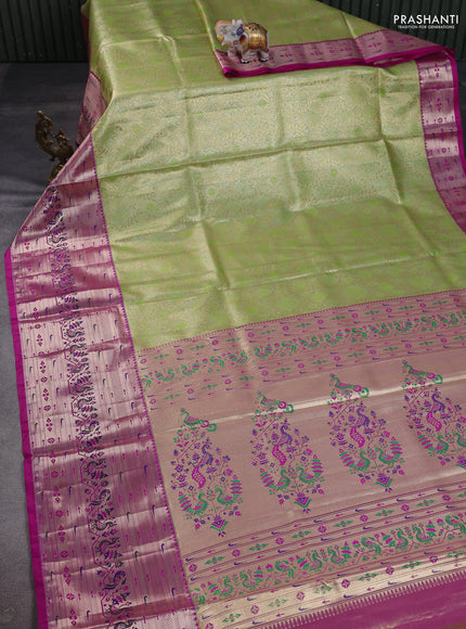 Tissue paithani silk saree light green and magenta pink with allover zari woven brocade weaves and long zari woven paithani style border