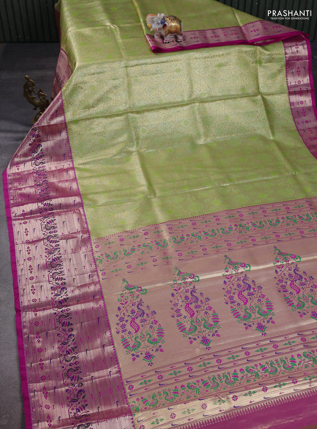 Tissue paithani silk saree light green and magenta pink with allover zari woven brocade weaves and long zari woven paithani style border