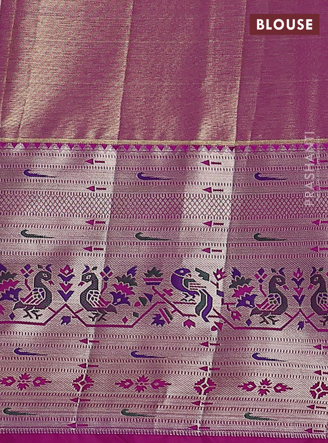 Tissue paithani silk saree light green and magenta pink with allover zari woven brocade weaves and long zari woven paithani style border