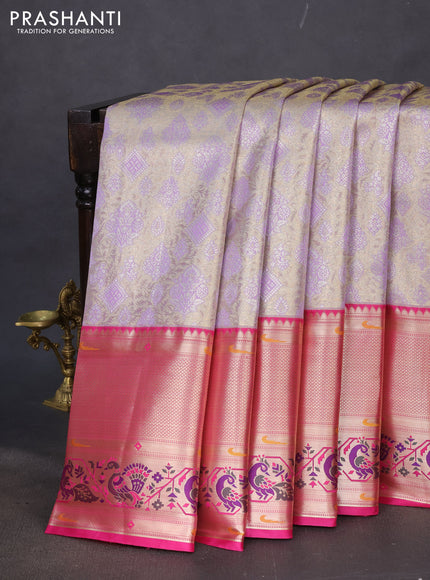 Tissue paithani silk saree lavender shade and pink with allover zari woven brocade weaves and long zari woven paithani style border