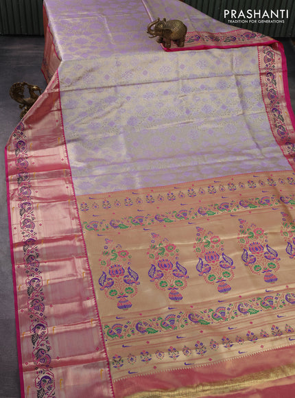 Tissue paithani silk saree lavender shade and pink with allover zari woven brocade weaves and long zari woven paithani style border