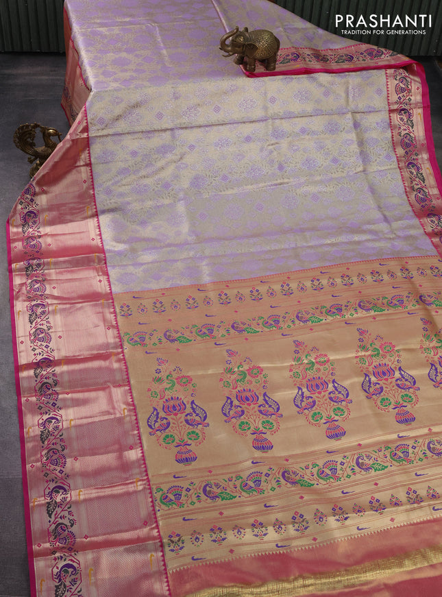 Tissue paithani silk saree lavender shade and pink with allover zari woven brocade weaves and long zari woven paithani style border