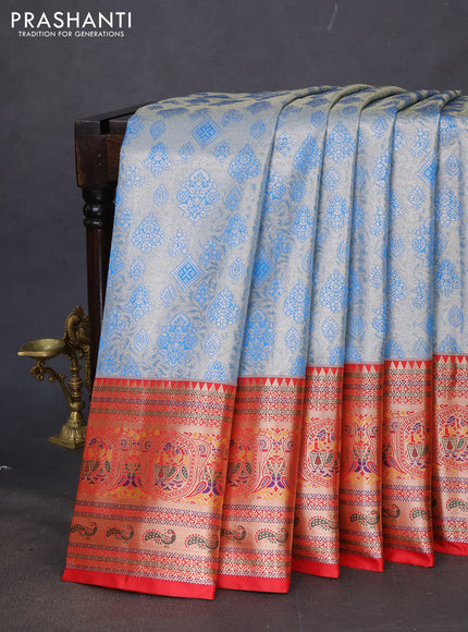 Tissue paithani silk saree blue and red with allover zari woven brocade weaves and long zari woven paithani style border