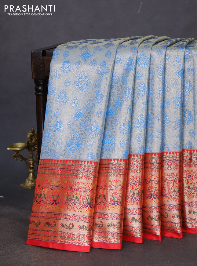 Tissue paithani silk saree blue and red with allover zari woven brocade weaves and long zari woven paithani style border
