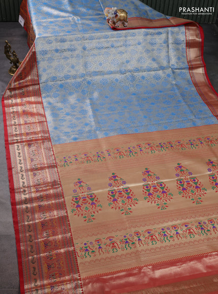 Tissue paithani silk saree blue and red with allover zari woven brocade weaves and long zari woven paithani style border