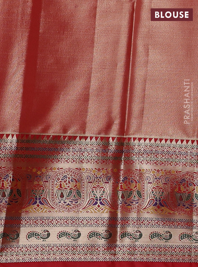 Tissue paithani silk saree blue and red with allover zari woven brocade weaves and long zari woven paithani style border