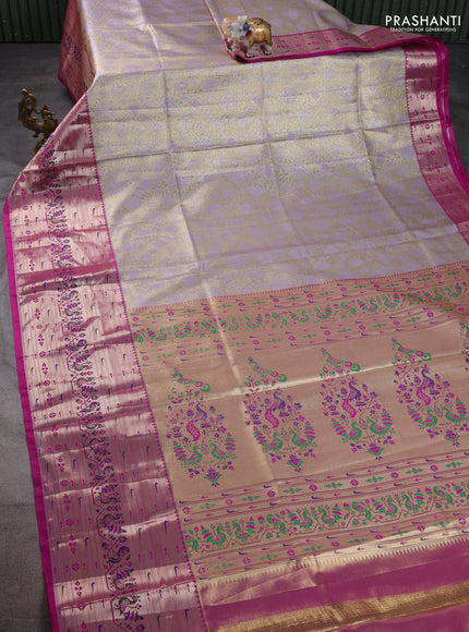 Tissue paithani silk saree pastel lavender and magenta pink with allover zari woven brocade weaves and long zari woven paithani style border