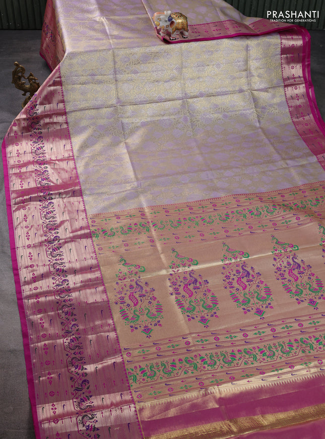 Tissue paithani silk saree pastel lavender and magenta pink with allover zari woven brocade weaves and long zari woven paithani style border