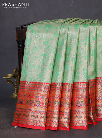 Tissue paithani silk saree green and red with allover zari woven brocade weaves and long zari woven paithani style border