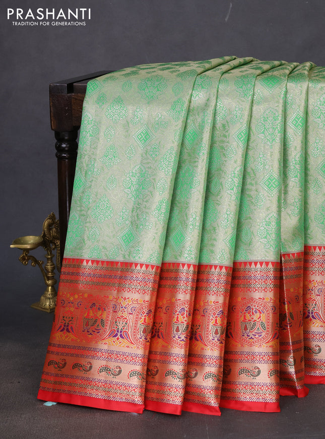 Tissue paithani silk saree green and red with allover zari woven brocade weaves and long zari woven paithani style border