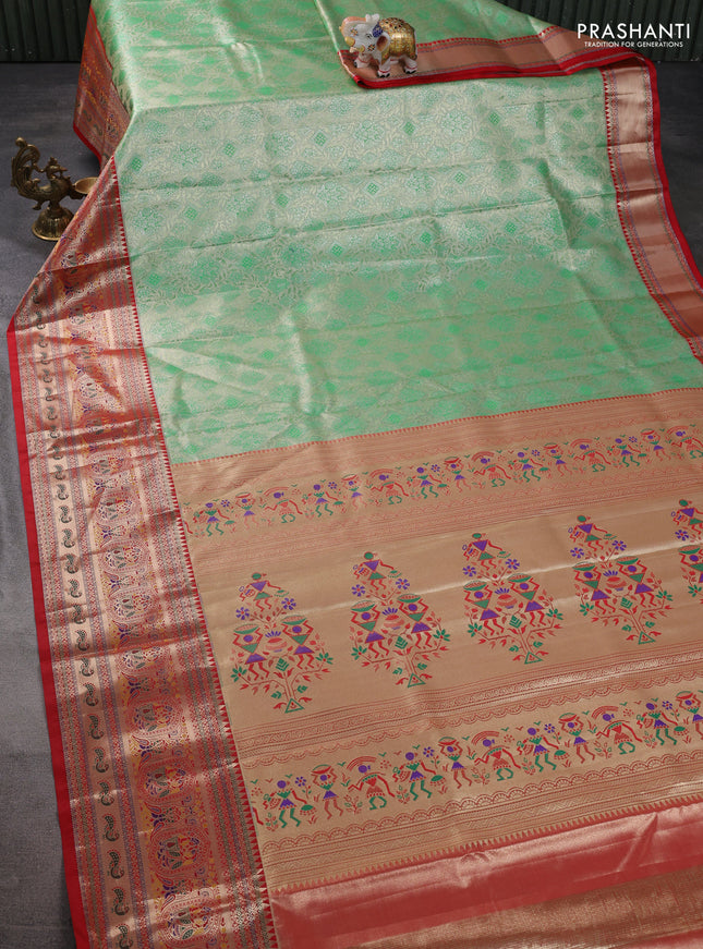 Tissue paithani silk saree green and red with allover zari woven brocade weaves and long zari woven paithani style border