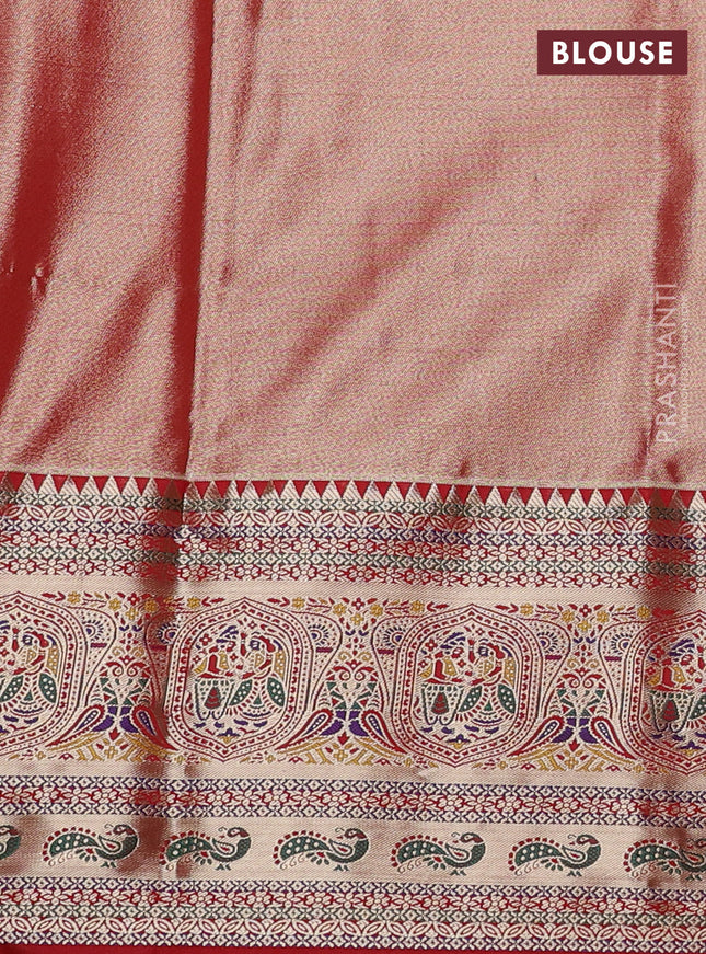 Tissue paithani silk saree green and red with allover zari woven brocade weaves and long zari woven paithani style border