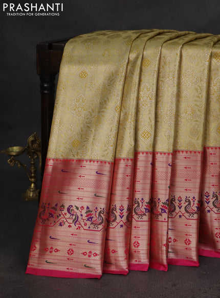 Tissue paithani silk saree gold and pink with allover zari woven brocade weaves and long zari woven paithani style border