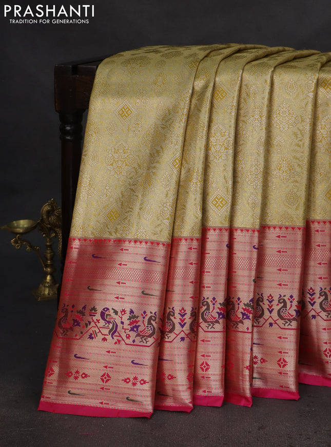 Tissue paithani silk saree gold and pink with allover zari woven brocade weaves and long zari woven paithani style border