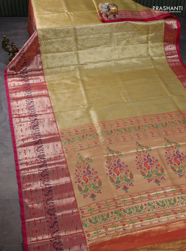 Tissue paithani silk saree gold and pink with allover zari woven brocade weaves and long zari woven paithani style border