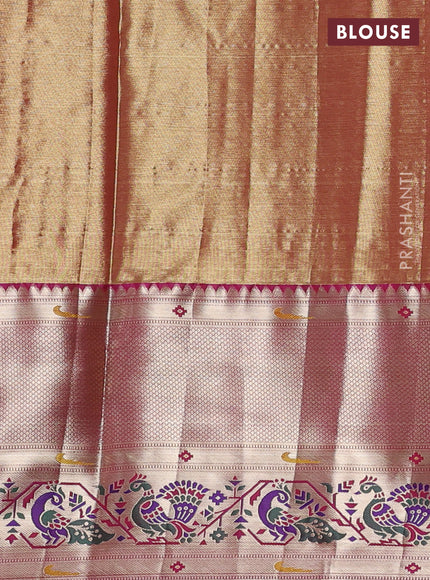 Tissue paithani silk saree dual shade of green and magenta pink with allover zari woven brocade weaves and long zari woven paithani style border