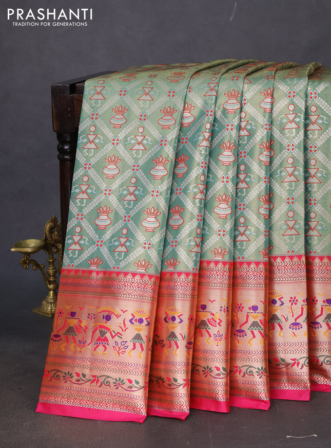 Tissue paithani silk saree teal green and pink with allover zari woven brocade weaves and long zari woven paithani style border