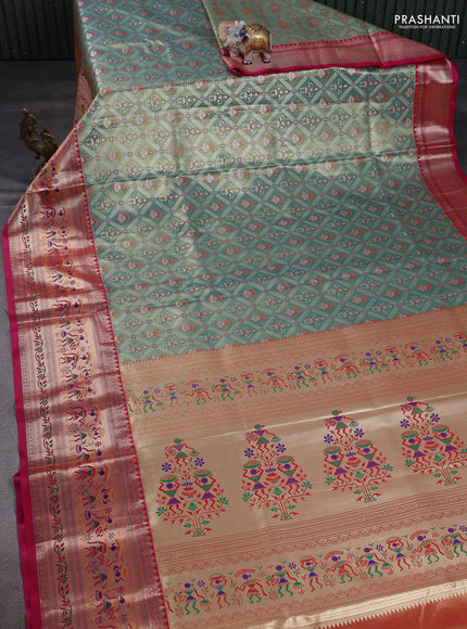 Tissue paithani silk saree teal green and pink with allover zari woven brocade weaves and long zari woven paithani style border