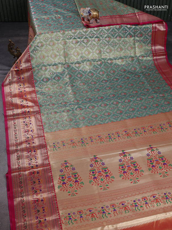 Tissue paithani silk saree teal green and pink with allover zari woven brocade weaves and long zari woven paithani style border