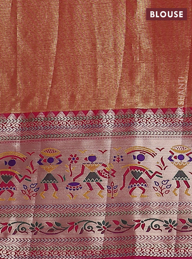 Tissue paithani silk saree teal green and pink with allover zari woven brocade weaves and long zari woven paithani style border