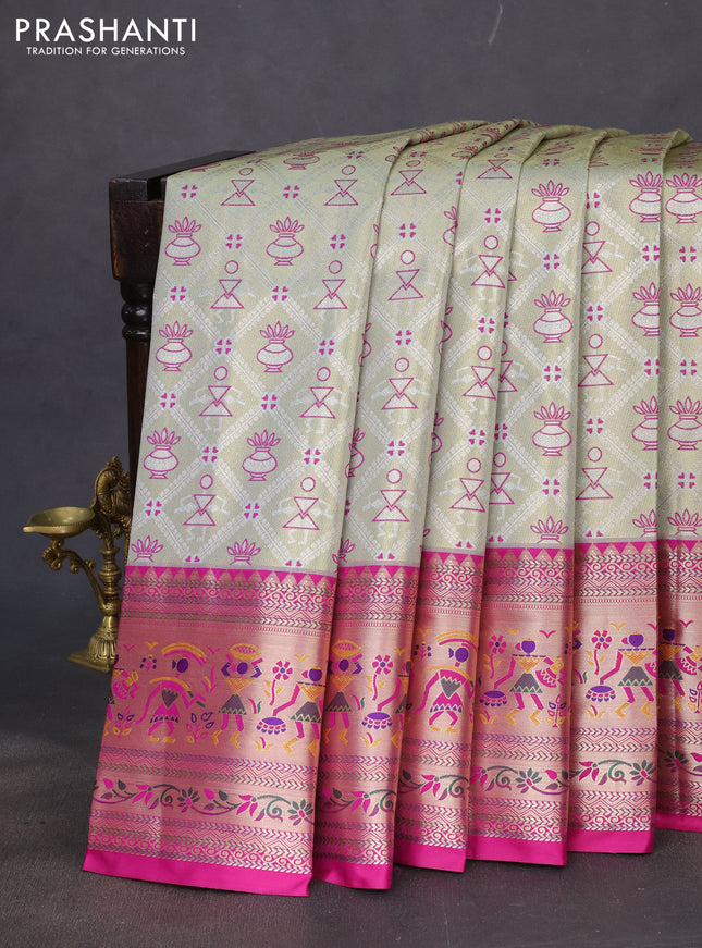 Tissue paithani silk saree pastel green and purple with allover zari woven brocade weaves and long zari woven paithani style border