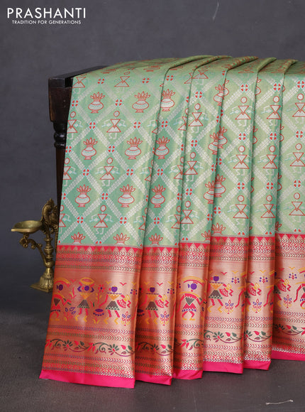 Tissue paithani silk saree teal green and pink with allover zari woven brocade weaves and long zari woven paithani style border