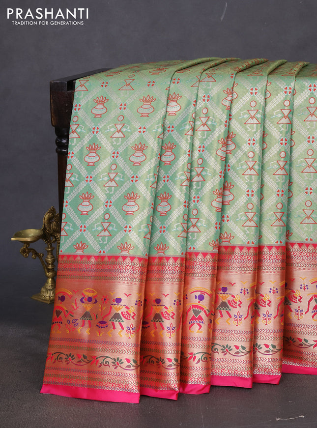 Tissue paithani silk saree teal green and pink with allover zari woven brocade weaves and long zari woven paithani style border