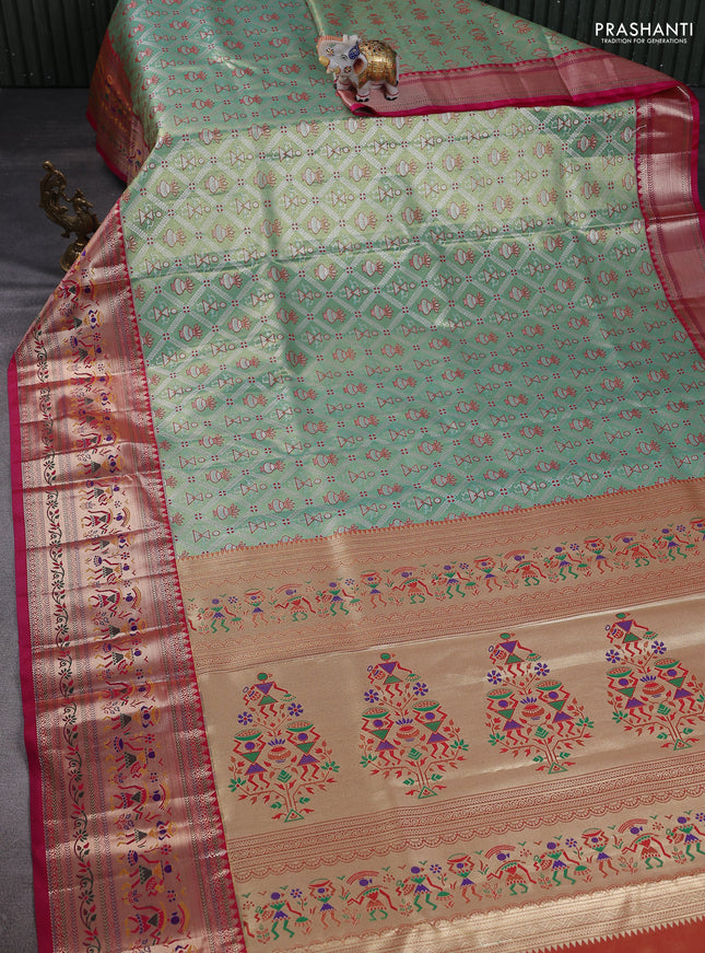 Tissue paithani silk saree teal green and pink with allover zari woven brocade weaves and long zari woven paithani style border