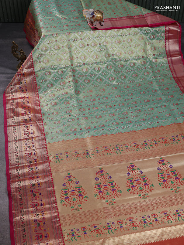Tissue paithani silk saree teal green and pink with allover zari woven brocade weaves and long zari woven paithani style border