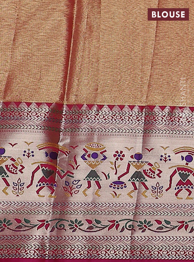 Tissue paithani silk saree teal green and pink with allover zari woven brocade weaves and long zari woven paithani style border