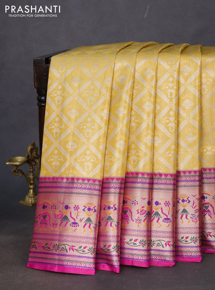 Tissue paithani silk saree yellow and magenta pink with allover silver zari woven brocade weaves and long zari woven paithani style border