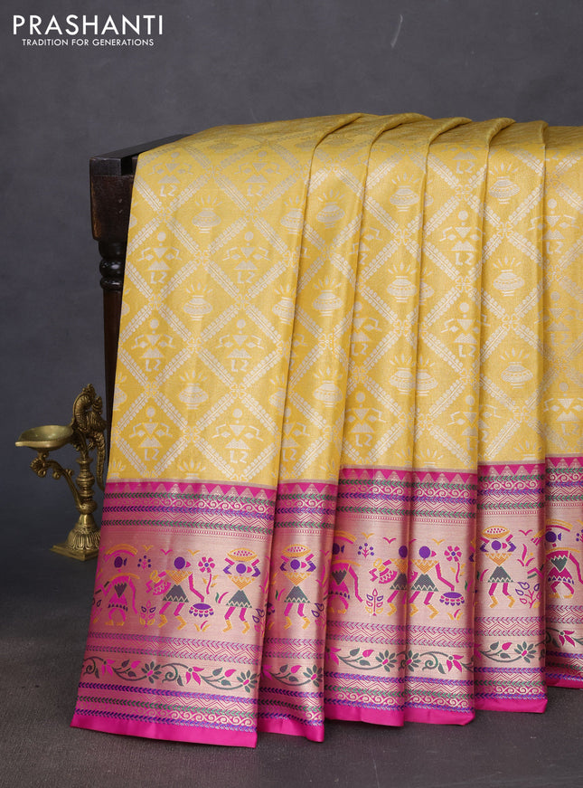 Tissue paithani silk saree yellow and magenta pink with allover silver zari woven brocade weaves and long zari woven paithani style border