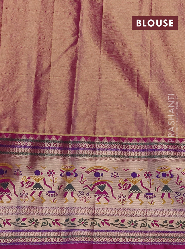 Tissue paithani silk saree yellow and magenta pink with allover silver zari woven brocade weaves and long zari woven paithani style border