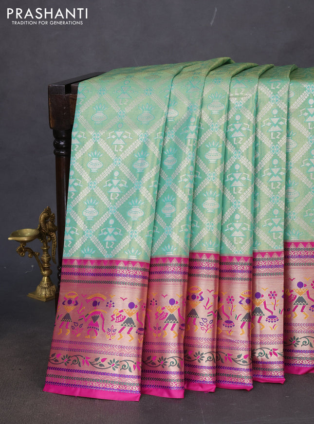 Tissue paithani silk saree teal green and magenta pink with allover silver zari woven brocade weaves and long zari woven paithani style border