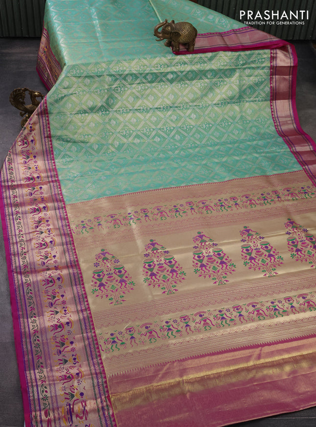 Tissue paithani silk saree teal green and magenta pink with allover silver zari woven brocade weaves and long zari woven paithani style border