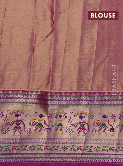 Tissue paithani silk saree teal green and magenta pink with allover silver zari woven brocade weaves and long zari woven paithani style border