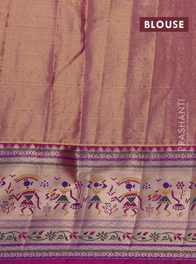 Tissue paithani silk saree teal green and magenta pink with allover silver zari woven brocade weaves and long zari woven paithani style border