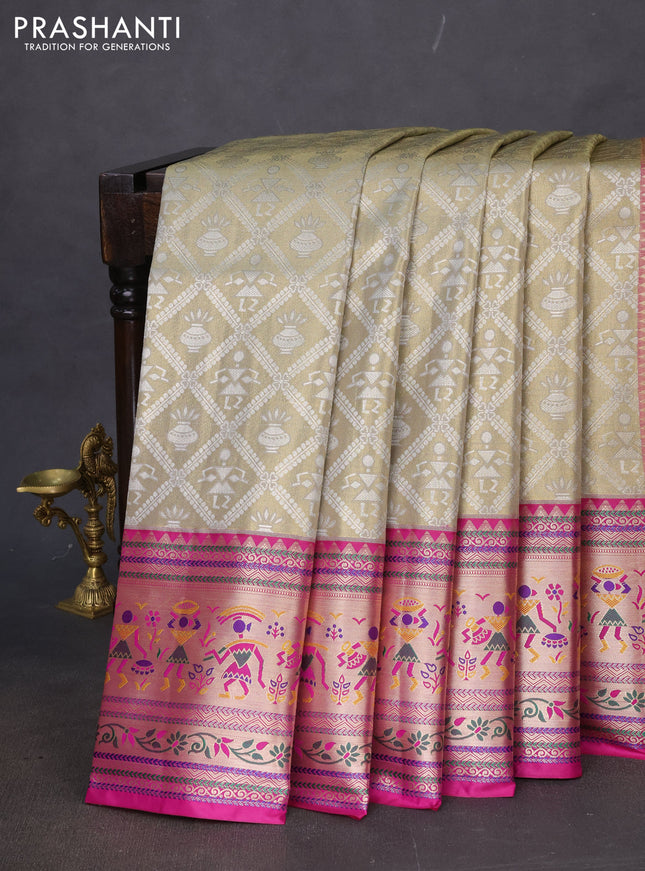 Tissue paithani silk saree pastel grey and magenta pink with allover silver zari woven brocade weaves and long zari woven paithani style border