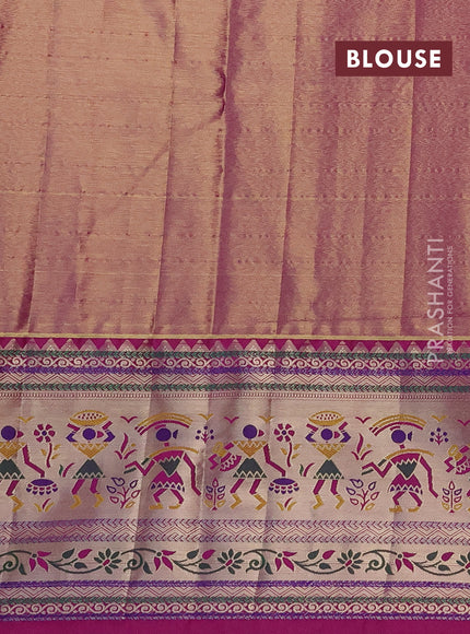 Tissue paithani silk saree pastel grey and magenta pink with allover silver zari woven brocade weaves and long zari woven paithani style border