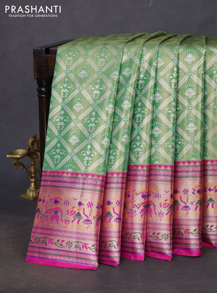 Tissue paithani silk saree green and magenta pink with allover silver zari woven brocade weaves and long zari woven paithani style border