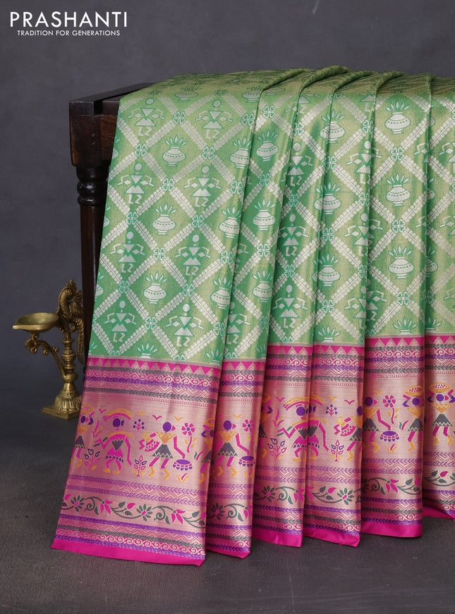 Tissue paithani silk saree green and magenta pink with allover silver zari woven brocade weaves and long zari woven paithani style border