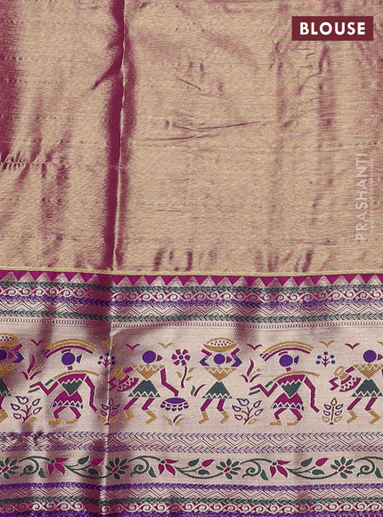 Tissue paithani silk saree green and magenta pink with allover silver zari woven brocade weaves and long zari woven paithani style border
