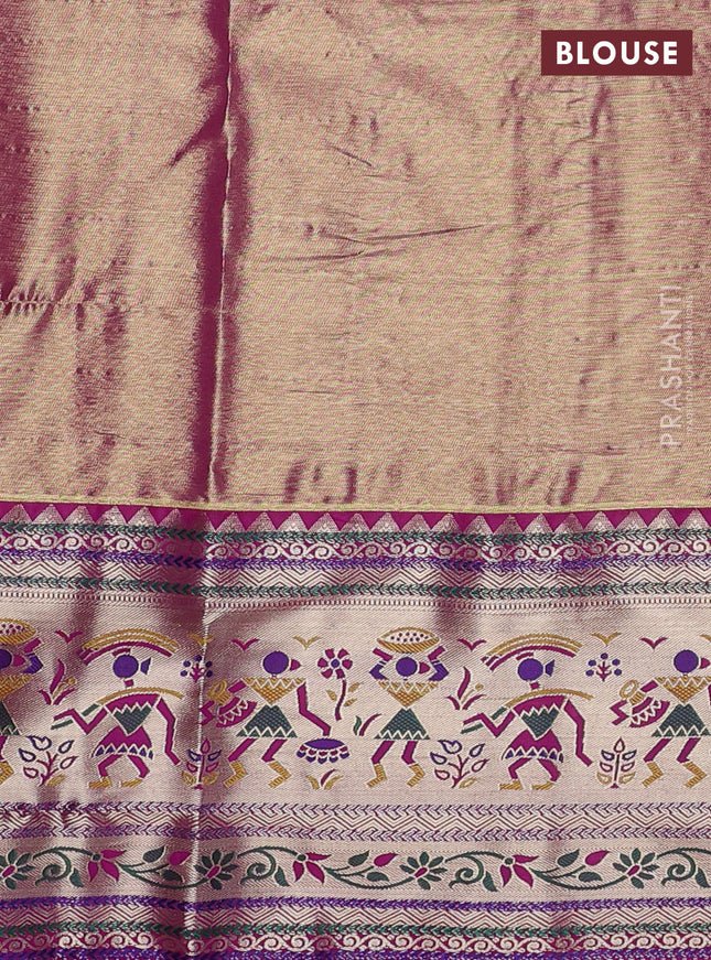 Tissue paithani silk saree green and magenta pink with allover silver zari woven brocade weaves and long zari woven paithani style border