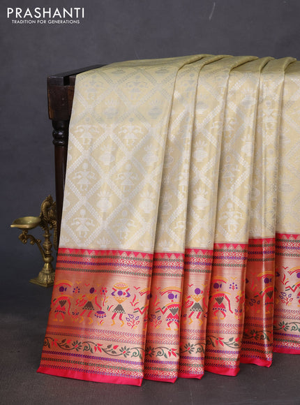 Tissue paithani silk saree cream and pink with allover silver zari woven brocade weaves and zari woven paithani style border