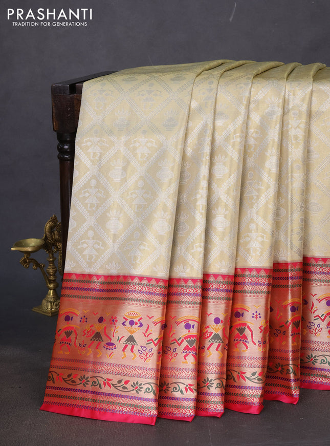 Tissue paithani silk saree cream and pink with allover silver zari woven brocade weaves and zari woven paithani style border